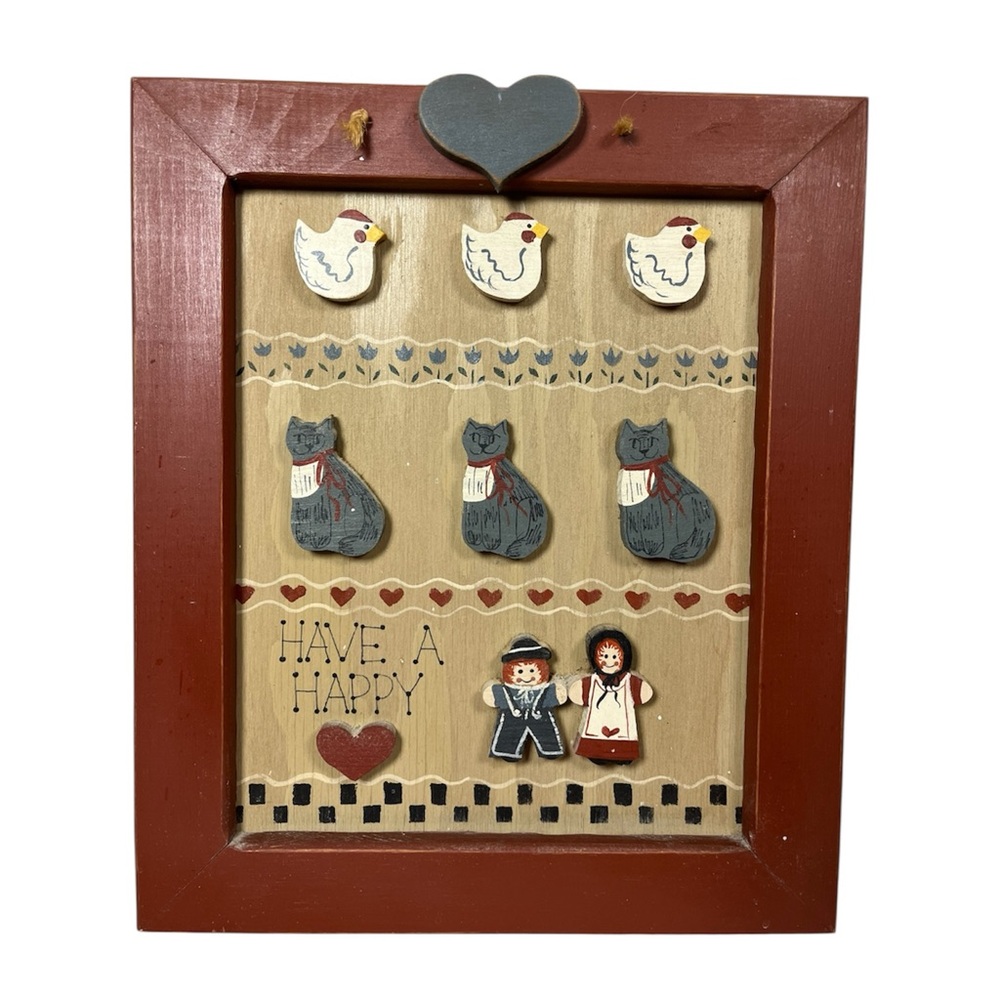 Rustic Wooden Wall Art with Heart cats and hen Motifs